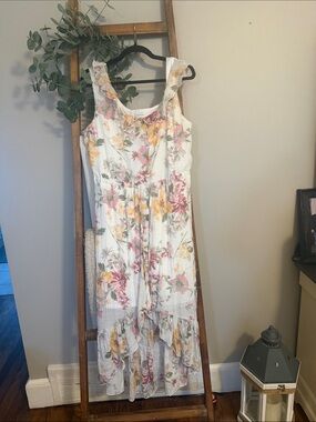 Luxology White Floral High-Low Dress with Pink & Yellow Flowers